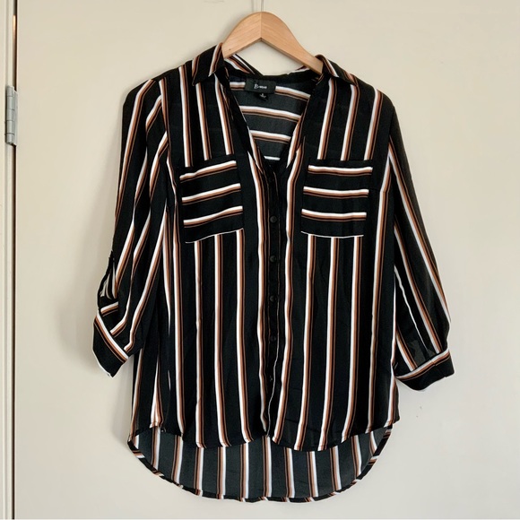 Sheer Black and Bronze Striped V-neck Button Up Blouse - Picture 3 of 3